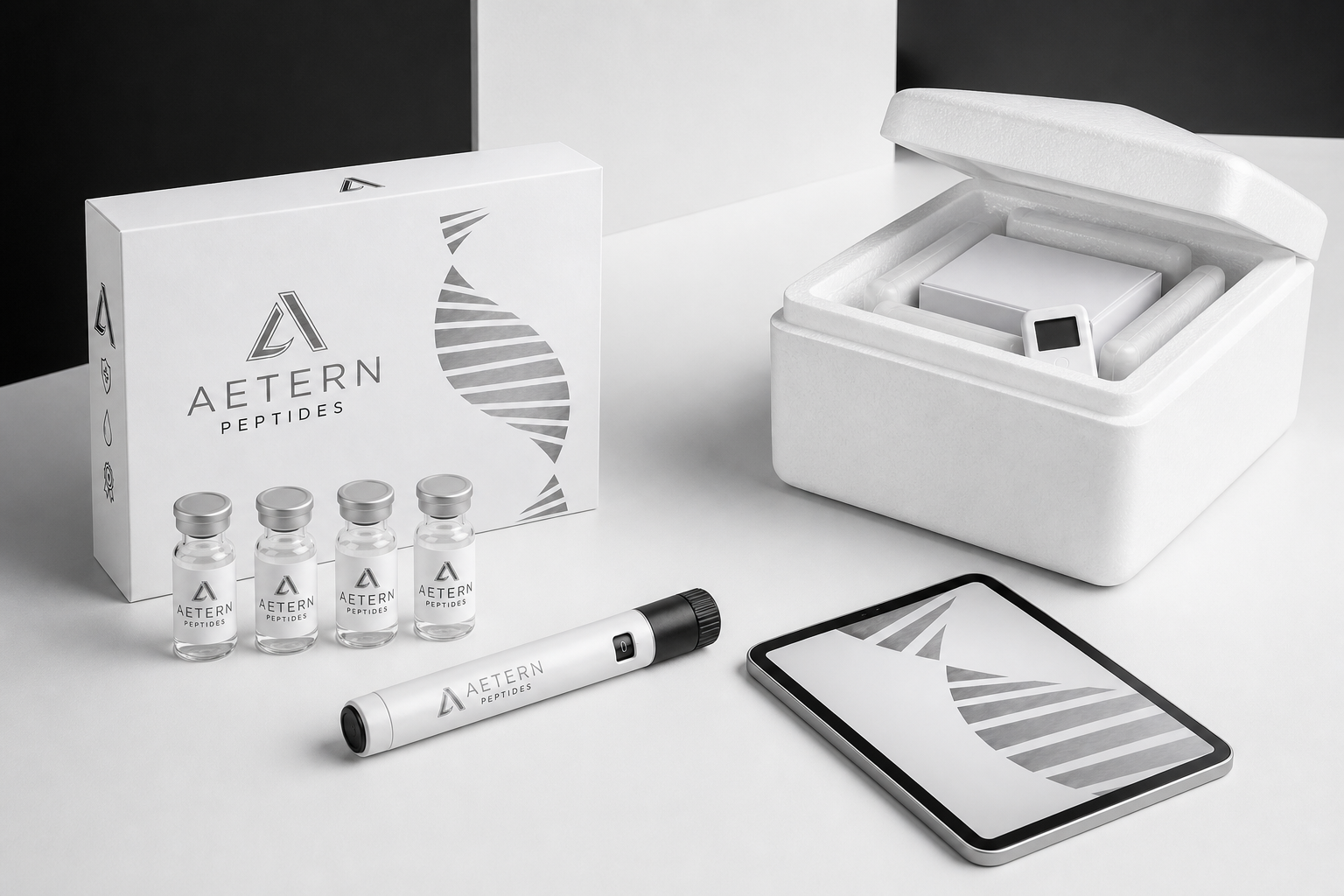 Ecosistema AETERN con packaging, viales, dispositivo, aplicación digital y kit de envío térmico
