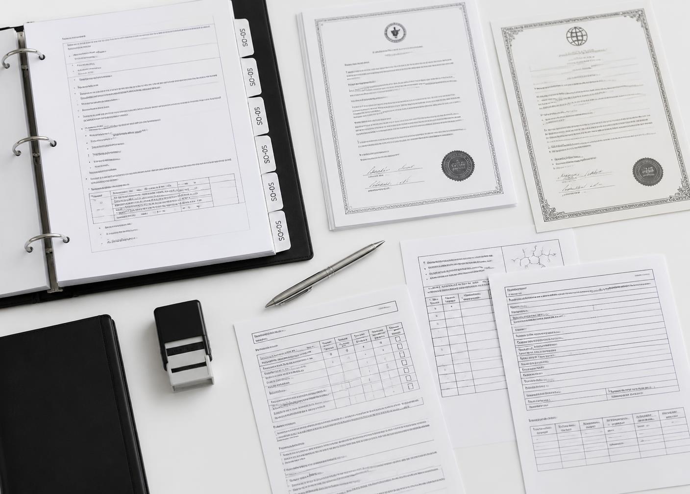 Documentos de calidad y certificados organizados en el laboratorio