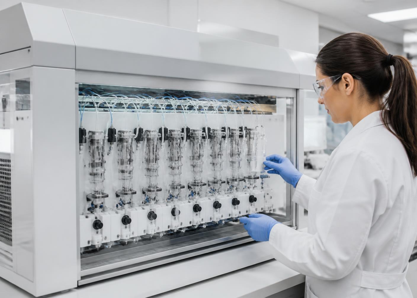 Científica operando un sistema automatizado de síntesis de péptidos